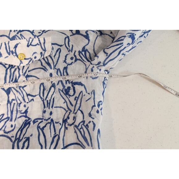 Jean-Pierre Klifa Top Womens White Blue Bunny Print Linen Blend Button Up Casual - Picture 8 of 9